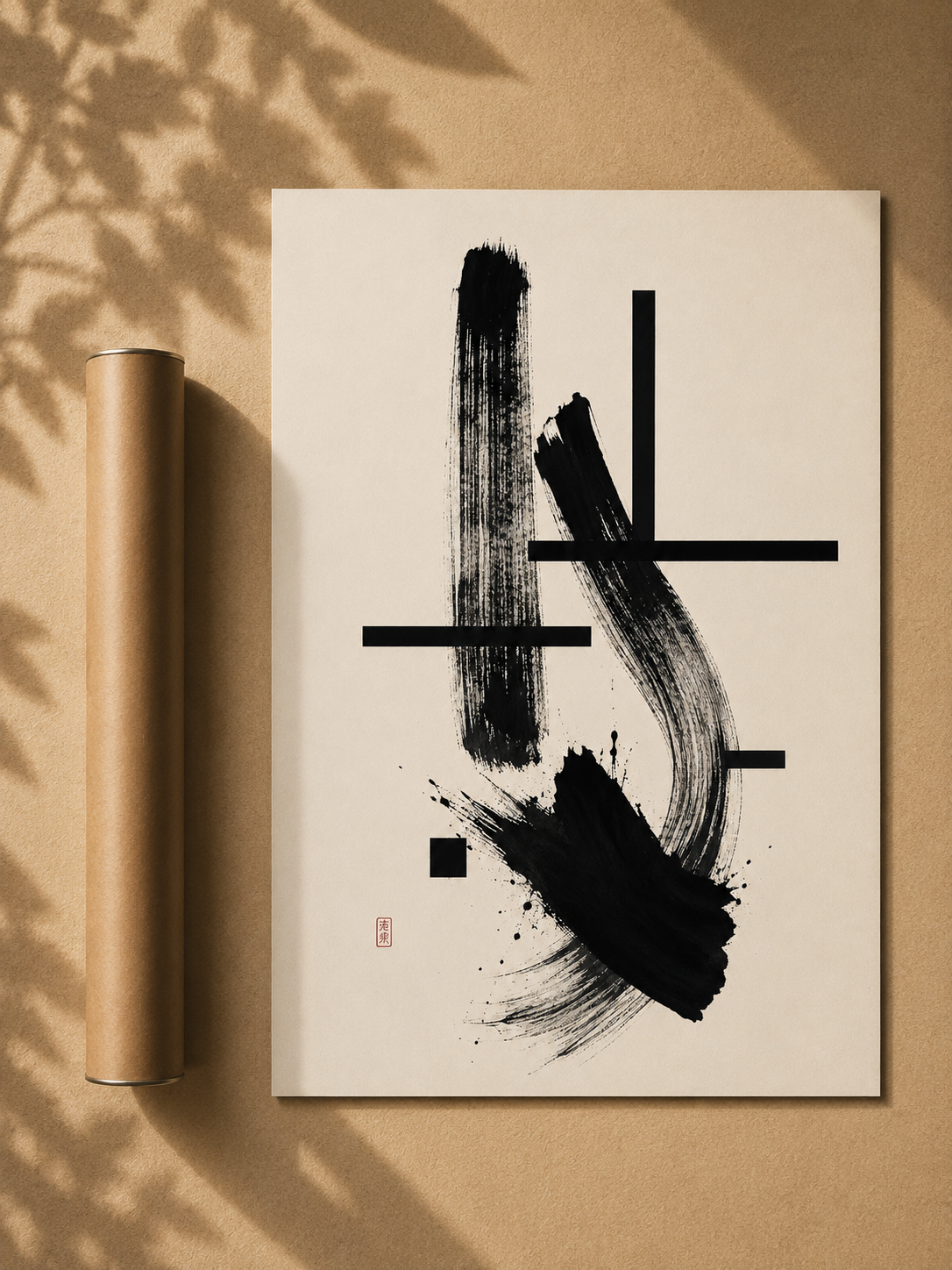 Unframed abstract ink wall art print with black brush strokes and cross lines