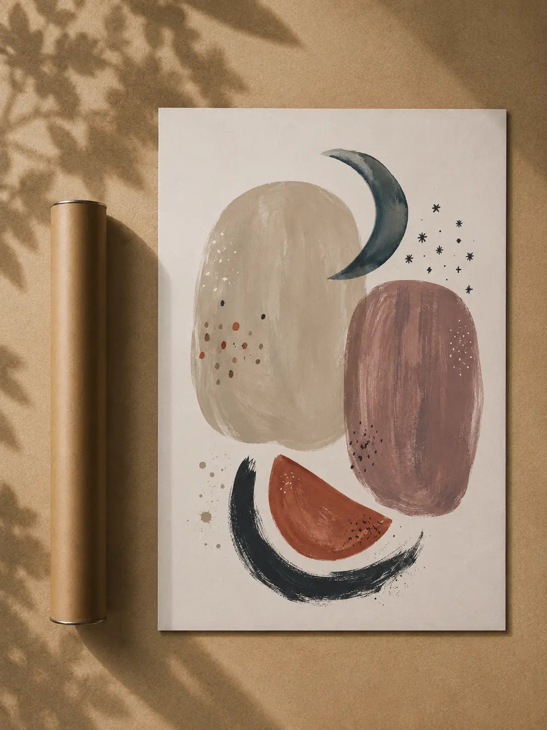 Abstract lunar wall art print with moon crescent, earthy shapes, in a white frame.