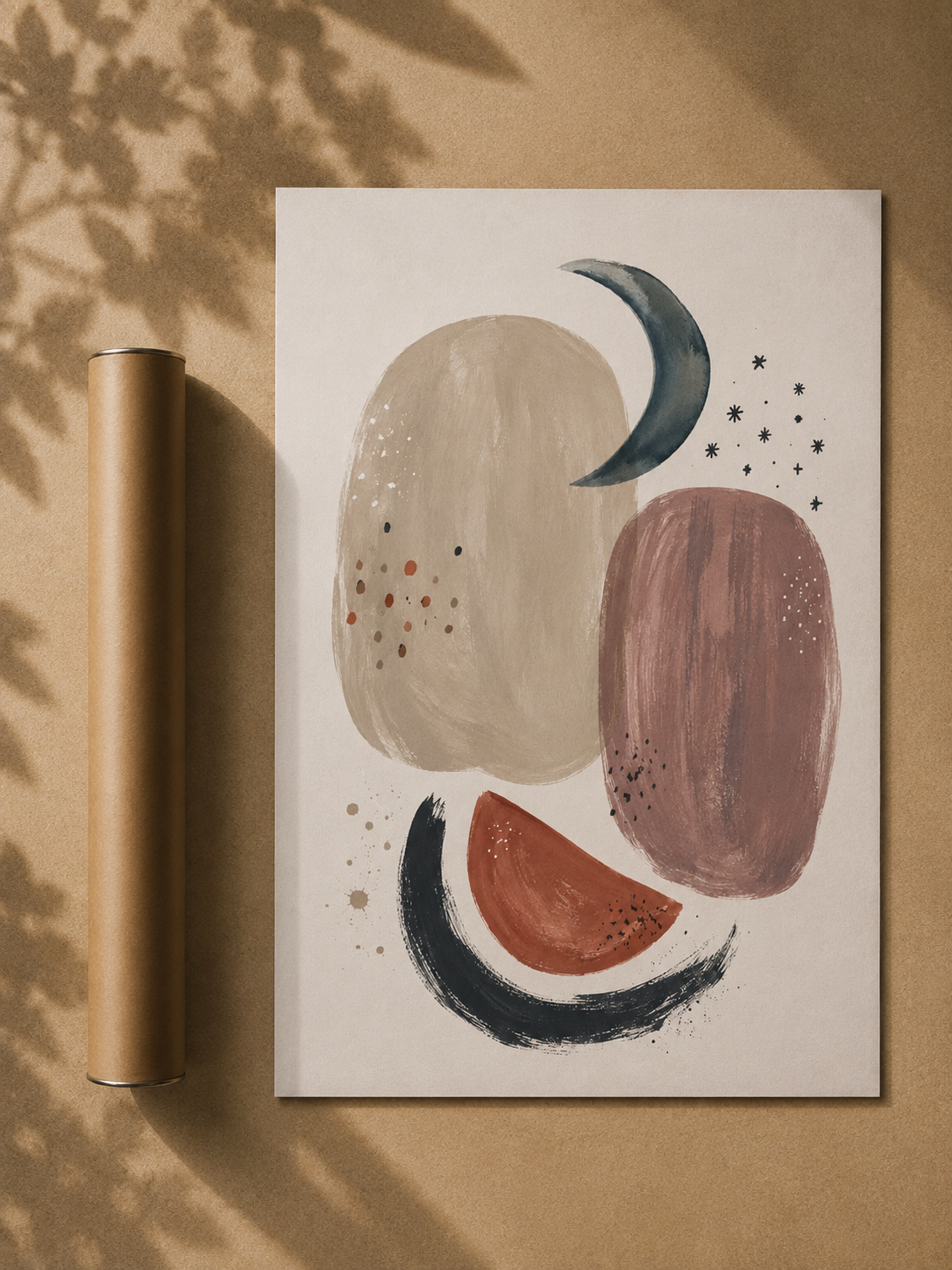 Abstract lunar wall art print with moon crescent, earthy shapes, in a white frame.