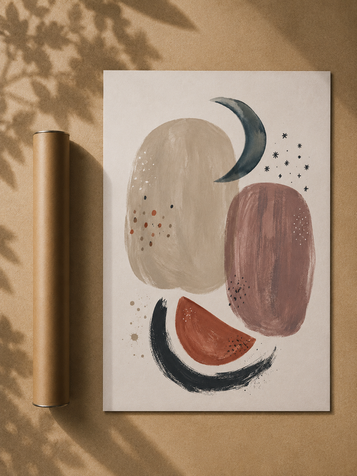 Abstract lunar wall art print with moon crescent, earthy shapes, in a white frame.