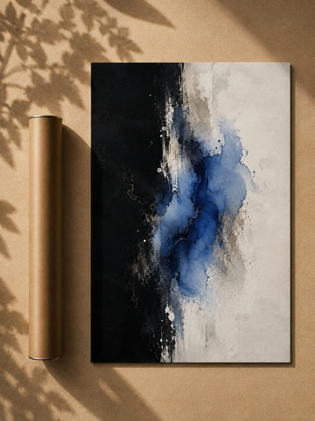 Abstract wall art in black frame with blue watercolor bloom and white textured area
