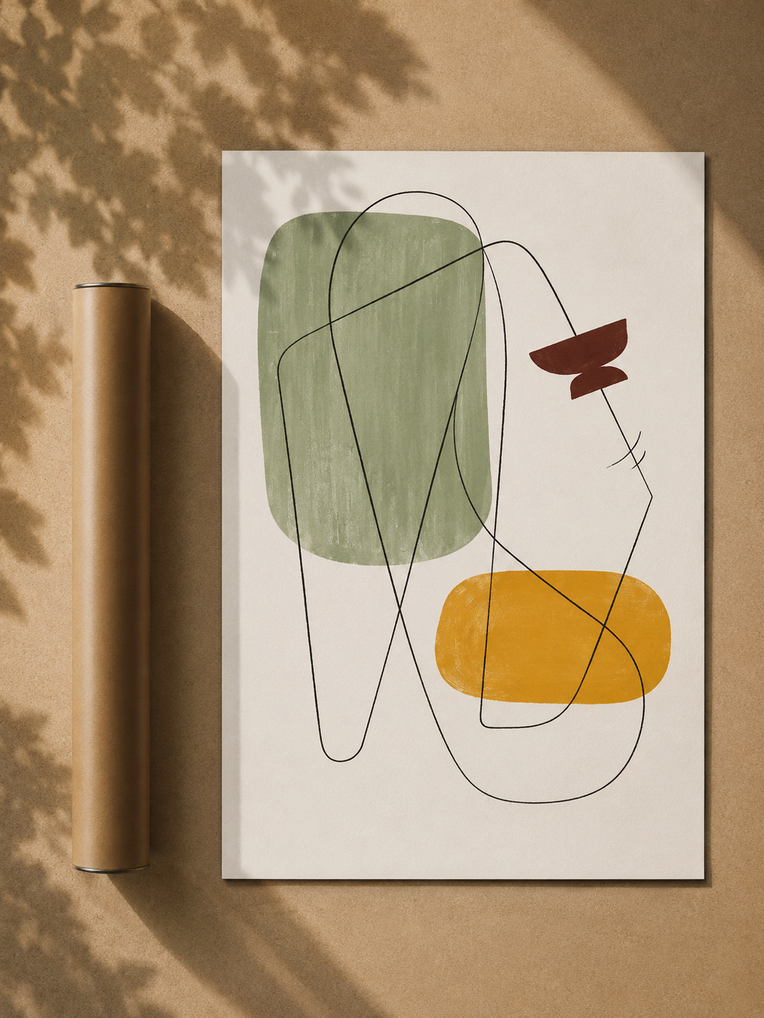 Framed geometric abstract wall art with green and yellow forms, dark curved line details