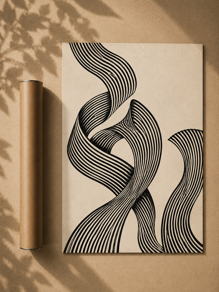 Monochrome abstract wall art print on paper, black striped wave-like curves