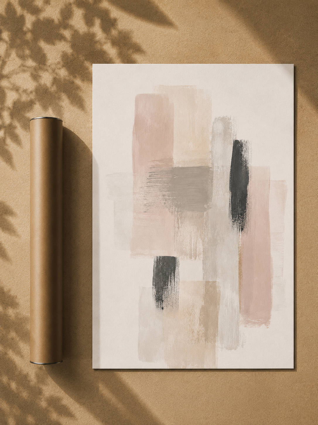 Unstretched abstract wall art print with beige, gray, and black rectangles and brush marks