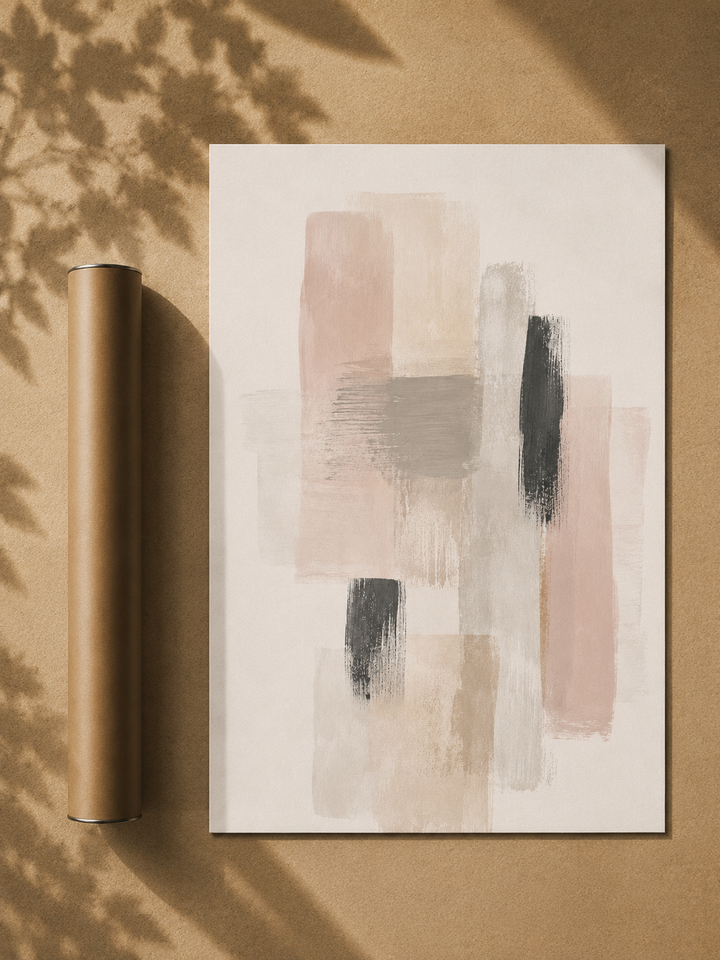 Unstretched abstract wall art print with beige, gray, and black rectangles and brush marks