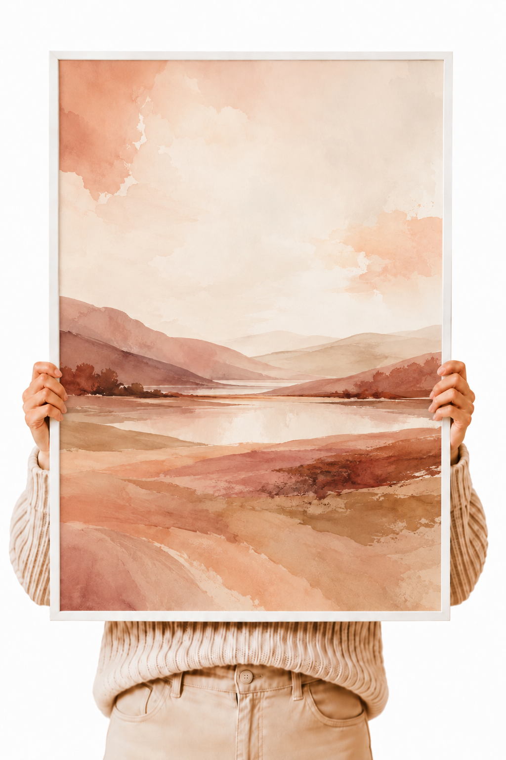 Abstract landscape wall art in white frame, blush sky and desert tones, portrait