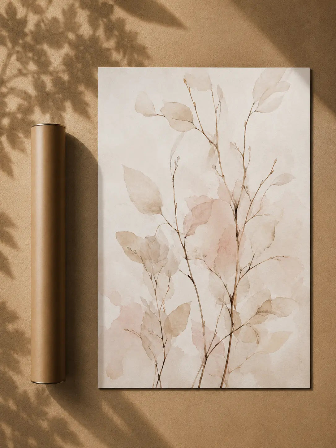 Botanical abstract wall art poster in dark frame, beige and blush branch leaves