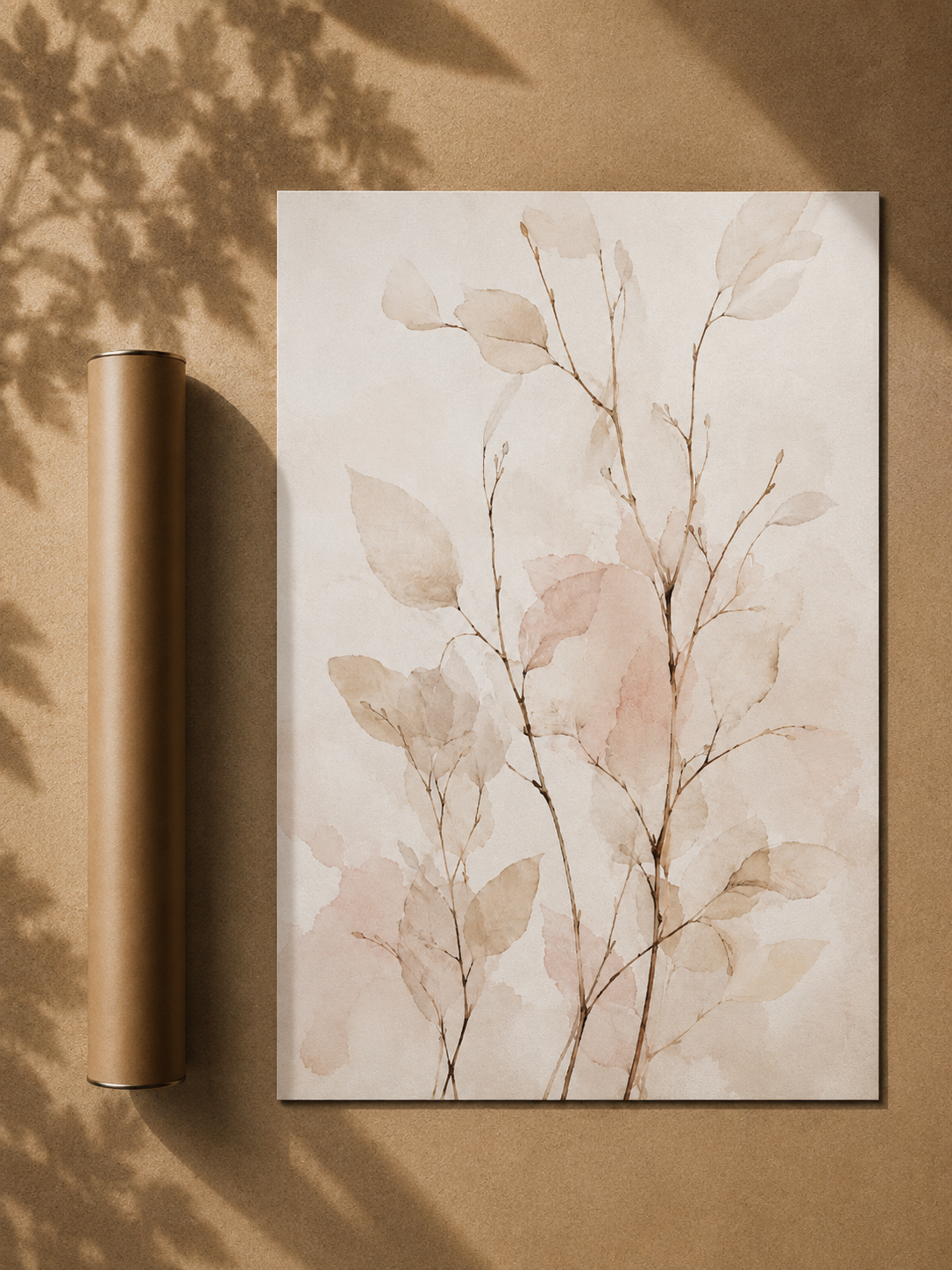 Botanical abstract wall art poster in dark frame, beige and blush branch leaves