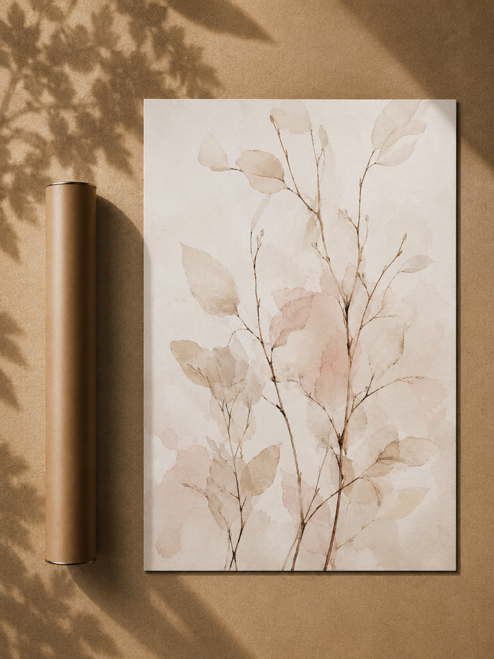 Botanical abstract wall art poster in dark frame, beige and blush branch leaves