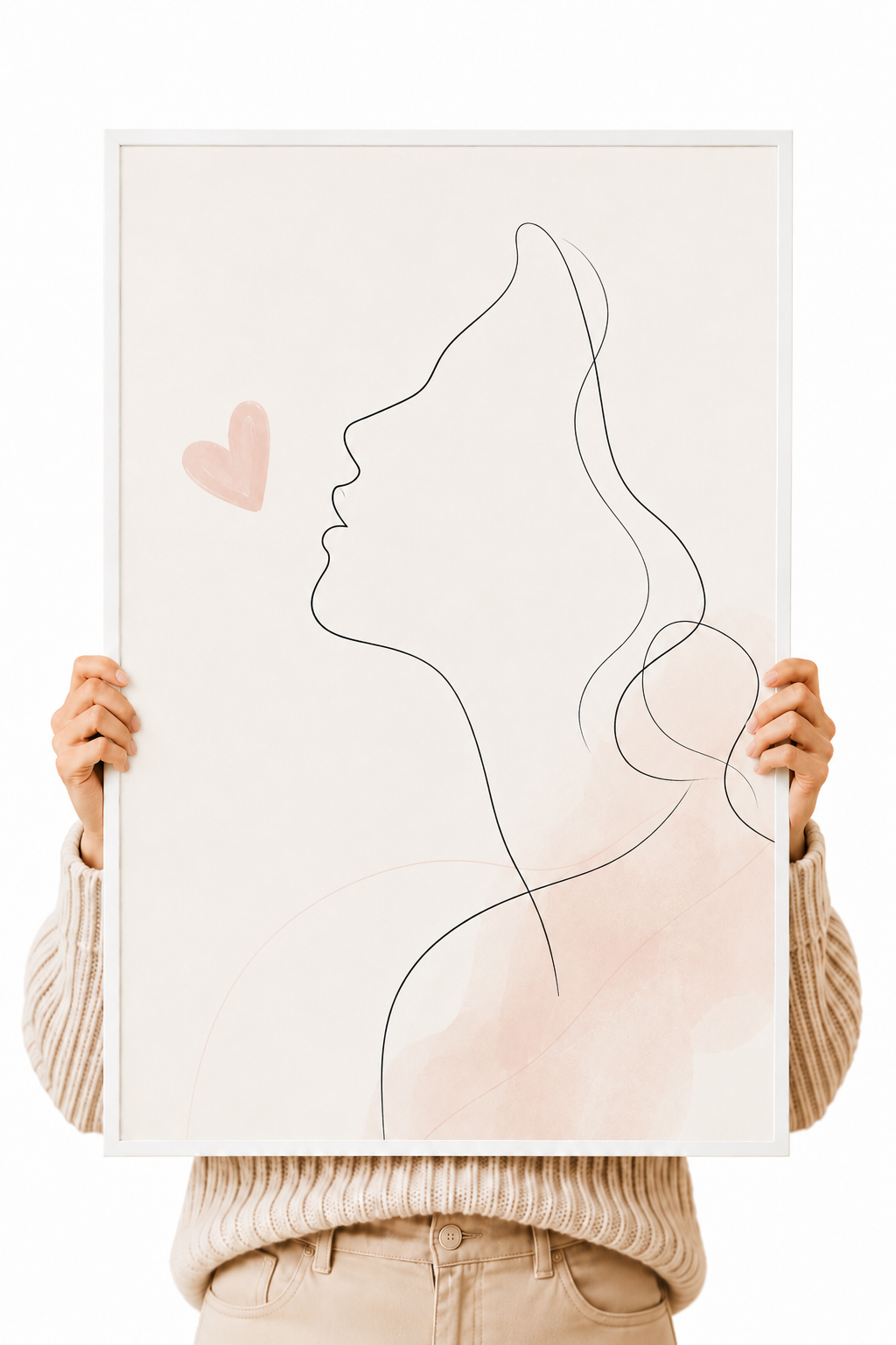Unframed abstract line art poster with blush face profile and small heart