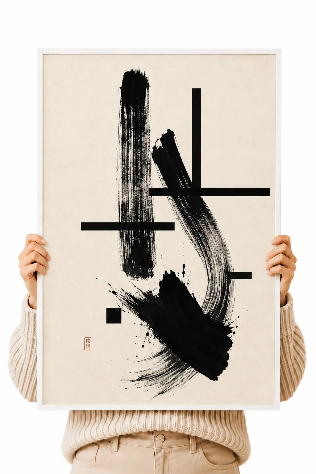 Abstract ink paper poster with black brush strokes and geometric line segments