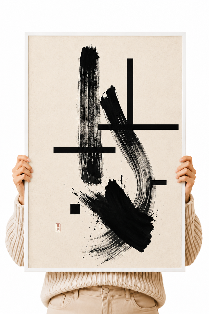 Abstract ink paper poster with black brush strokes and geometric line segments