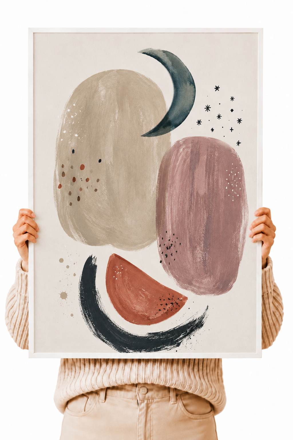 Abstract lunar wall art poster held up, featuring moon crescent and earthy abstract forms.