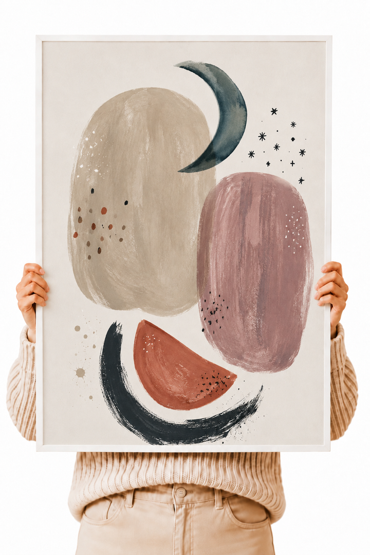 Abstract lunar wall art poster held up, featuring moon crescent and earthy abstract forms.