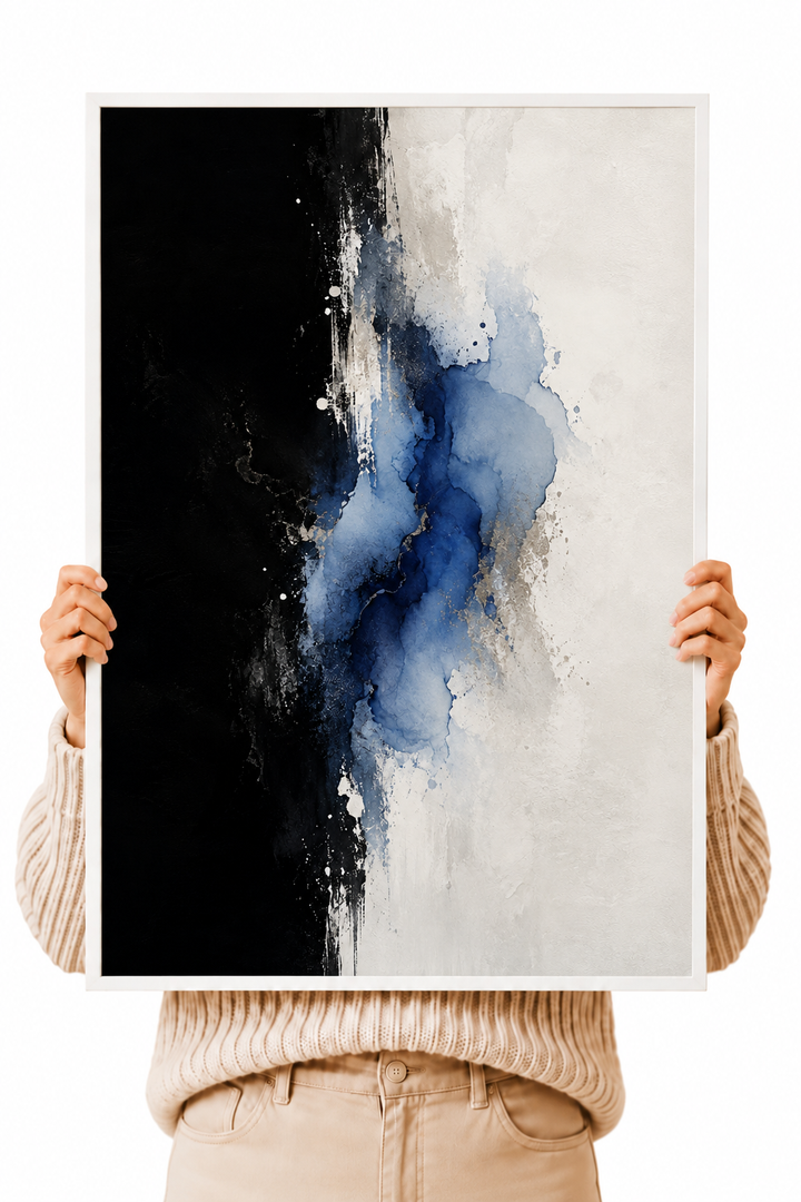 Abstract wall art poster with white border, blue watercolor splash on dark and light tones