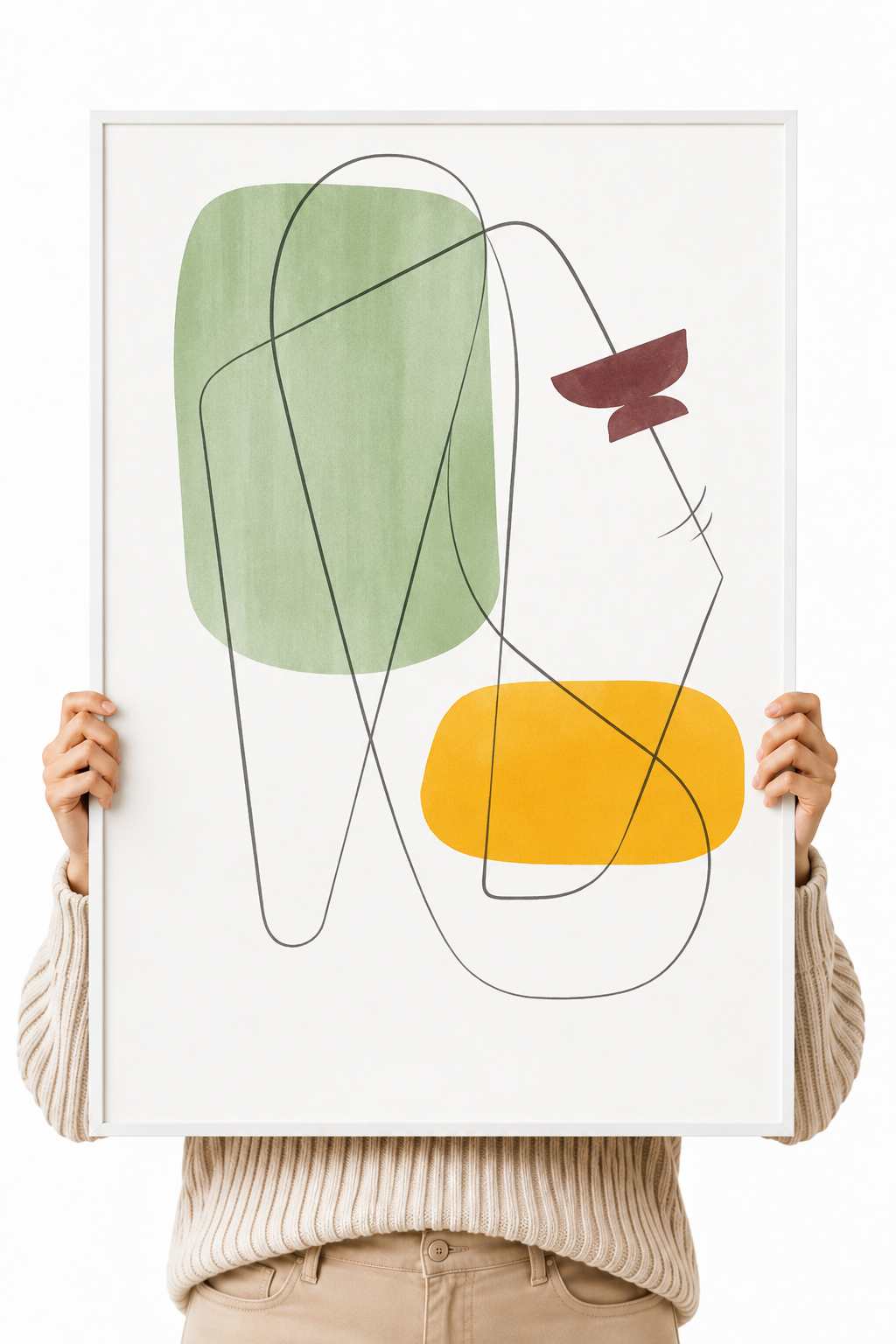 Geometric abstract wall art poster with green, yellow, and dark continuous line shapes