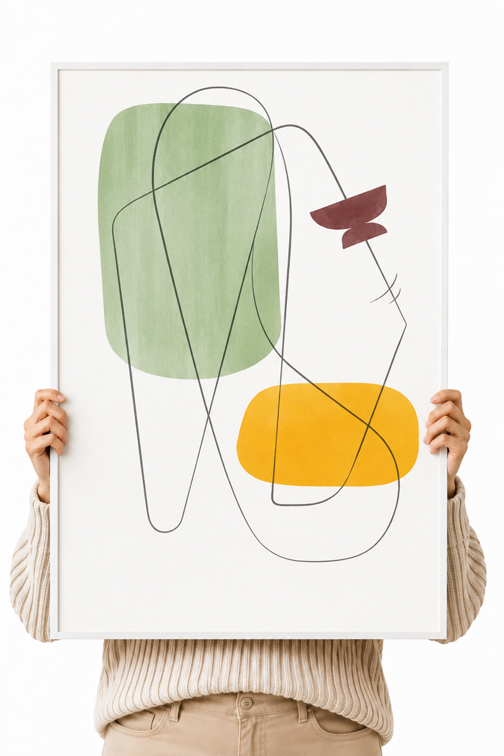 Geometric abstract wall art poster with green, yellow, and dark continuous line shapes