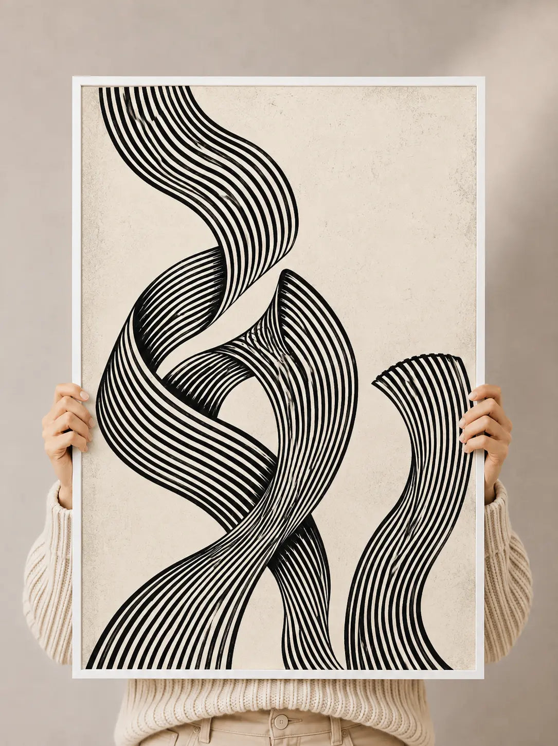 Monochrome abstract wall art print with white frame, striped curved ribbon design