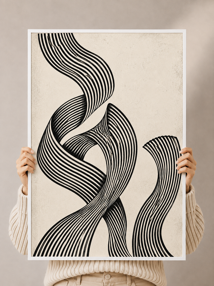 Monochrome abstract wall art print with white frame, striped curved ribbon design