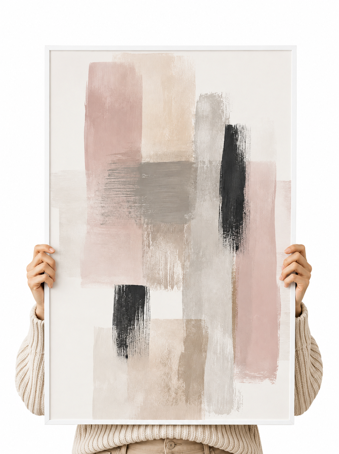Abstract paper poster with beige, gray, and black brush-stroke rectangles, held by hands