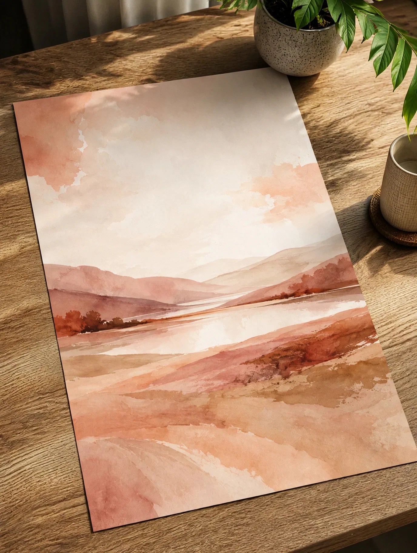 Tilted abstract landscape wall art print with blush sky and terracotta desert tones