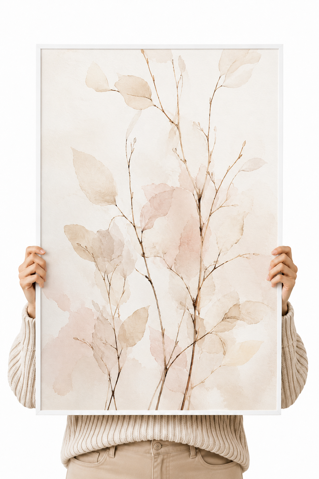 Framed botanical abstract wall art, beige and blush branches held by hands