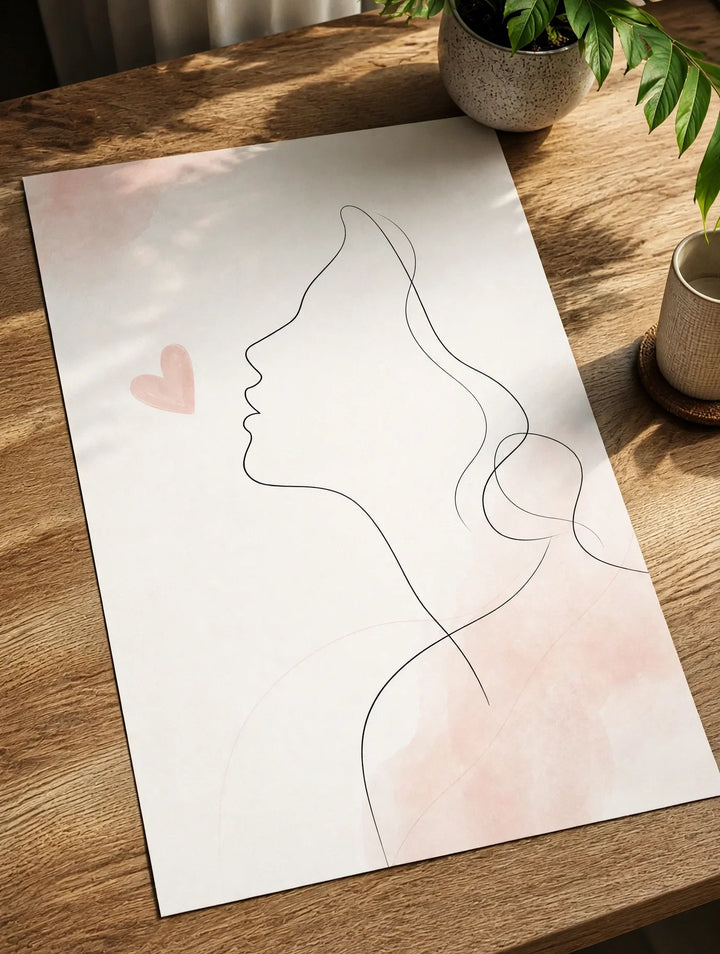 Abstract line art poster with blush face profile and small heart