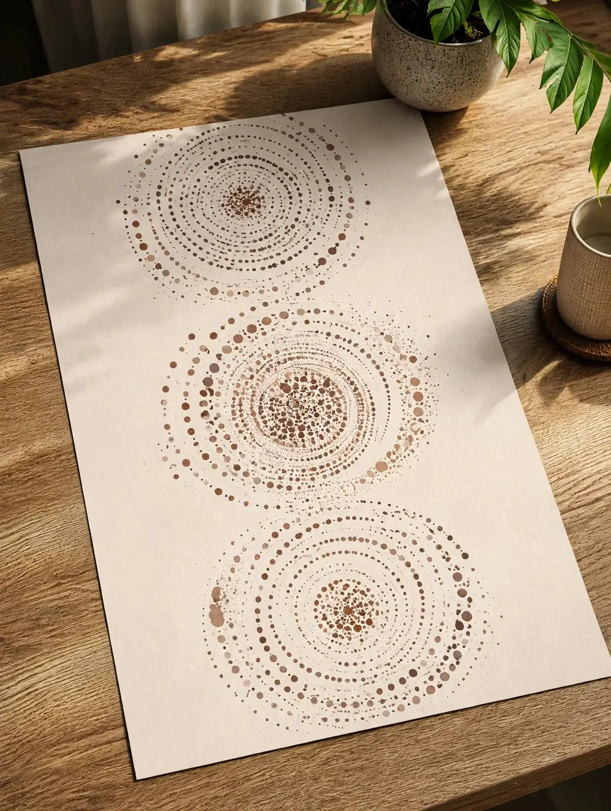 Abstract wall art poster on wooden table with three dotted concentric circle patterns