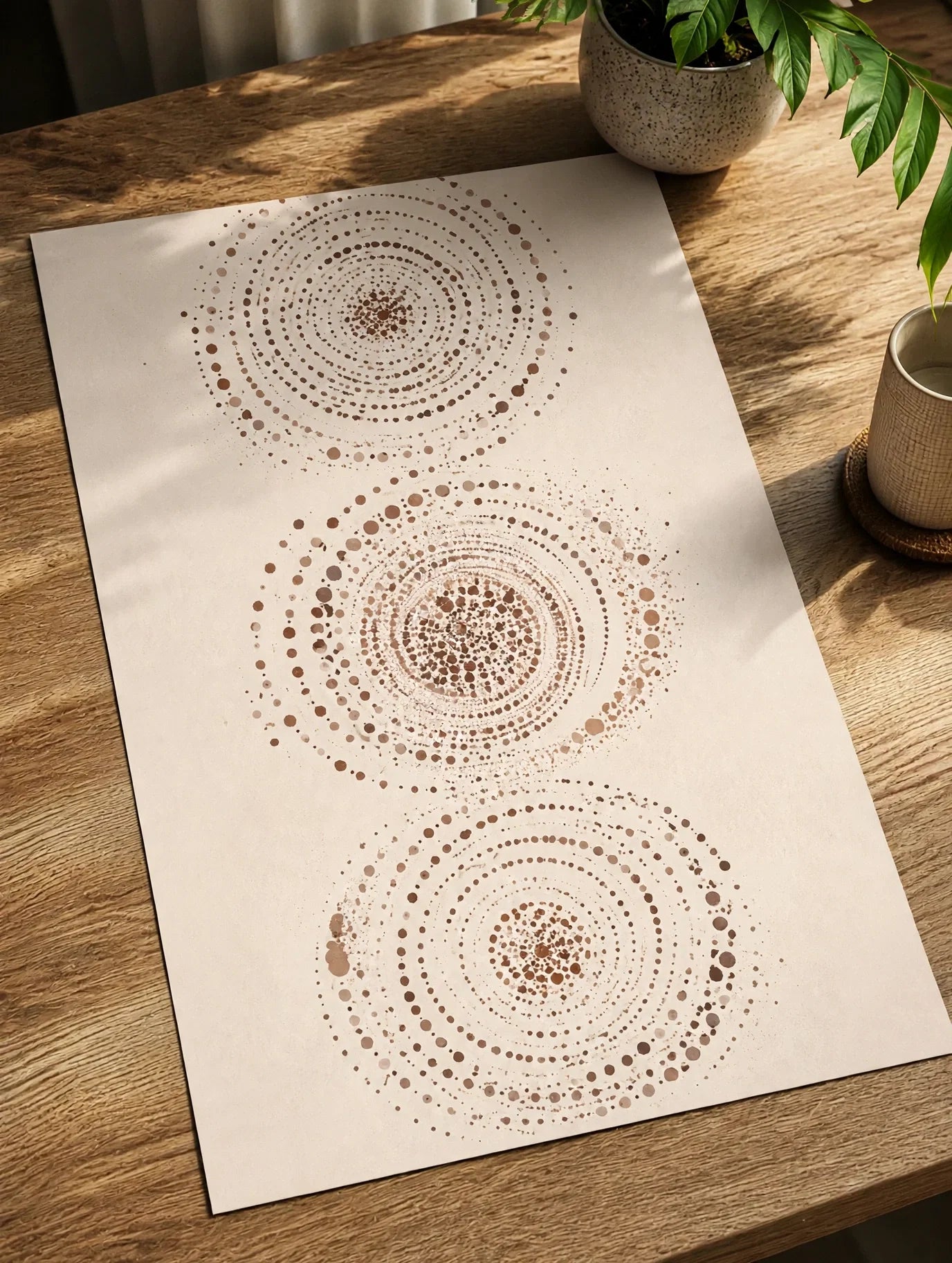Abstract wall art poster on wooden table with three dotted concentric circle patterns