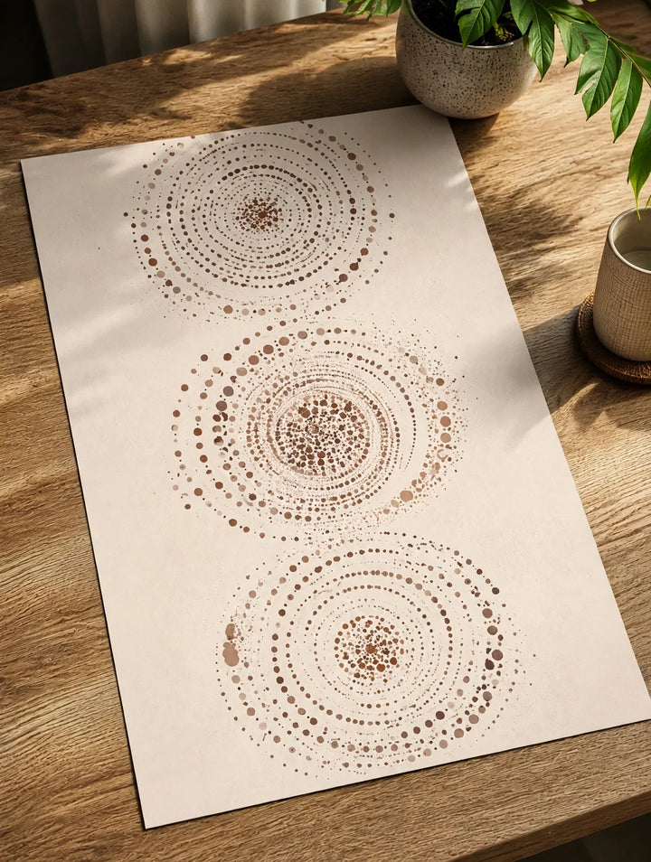 Abstract wall art poster on wooden table with three dotted concentric circle patterns