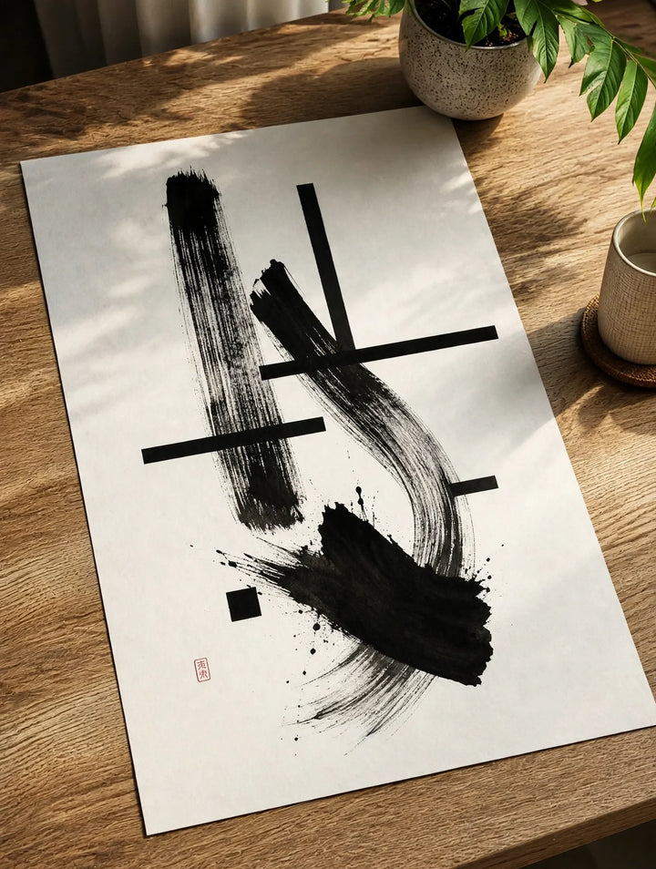 Abstract ink paper poster angled on a table with black brush strokes and bars