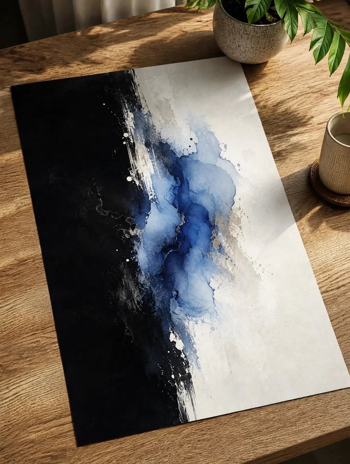 Abstract wall art poster with blue watercolor strokes on dark and white textured background