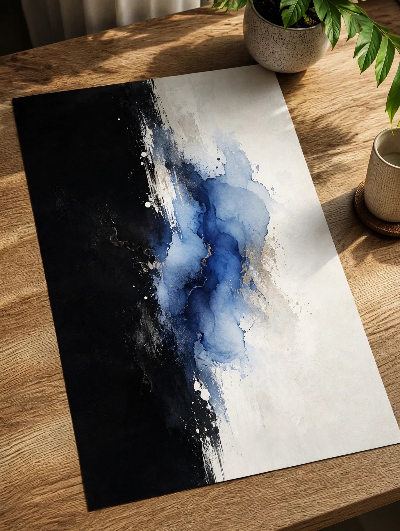 Abstract wall art poster with blue watercolor strokes on dark and white textured background