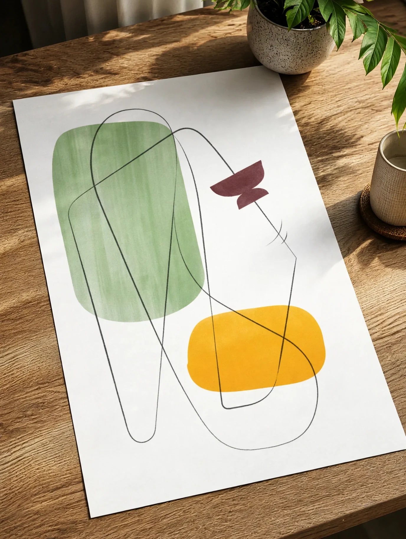 Geometric abstract poster print with green and yellow forms and dark curved outline lines