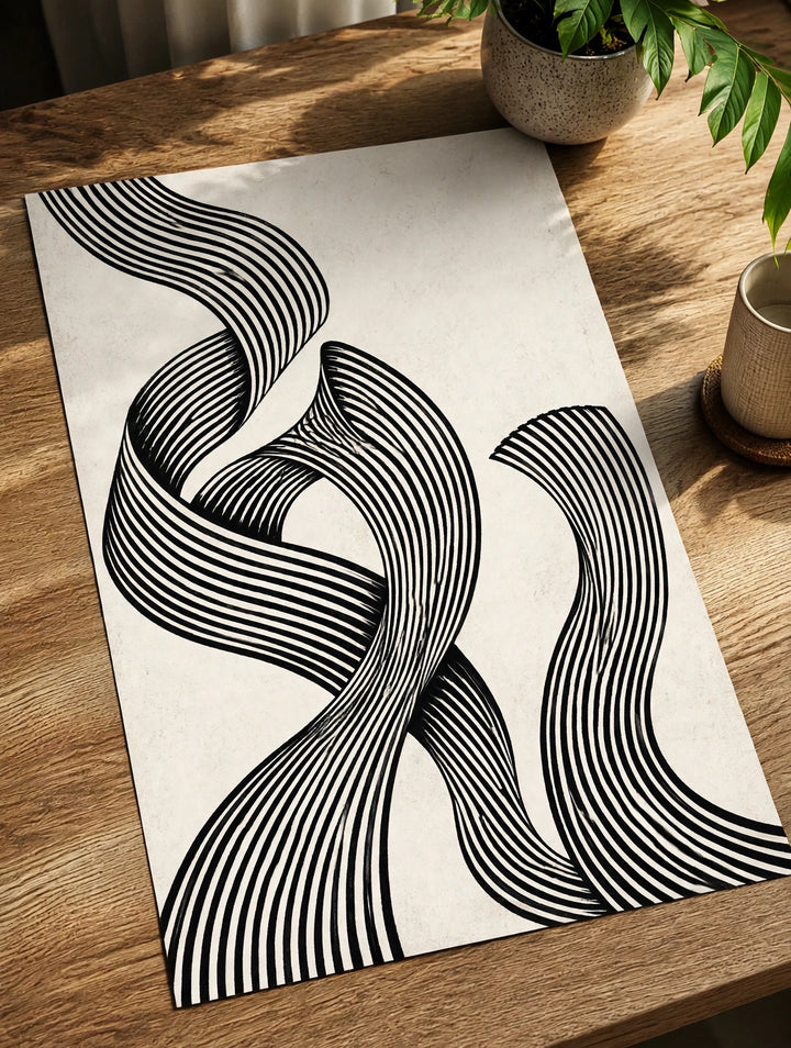 Monochrome abstract wall art paper print, black striped wavy line curve pattern