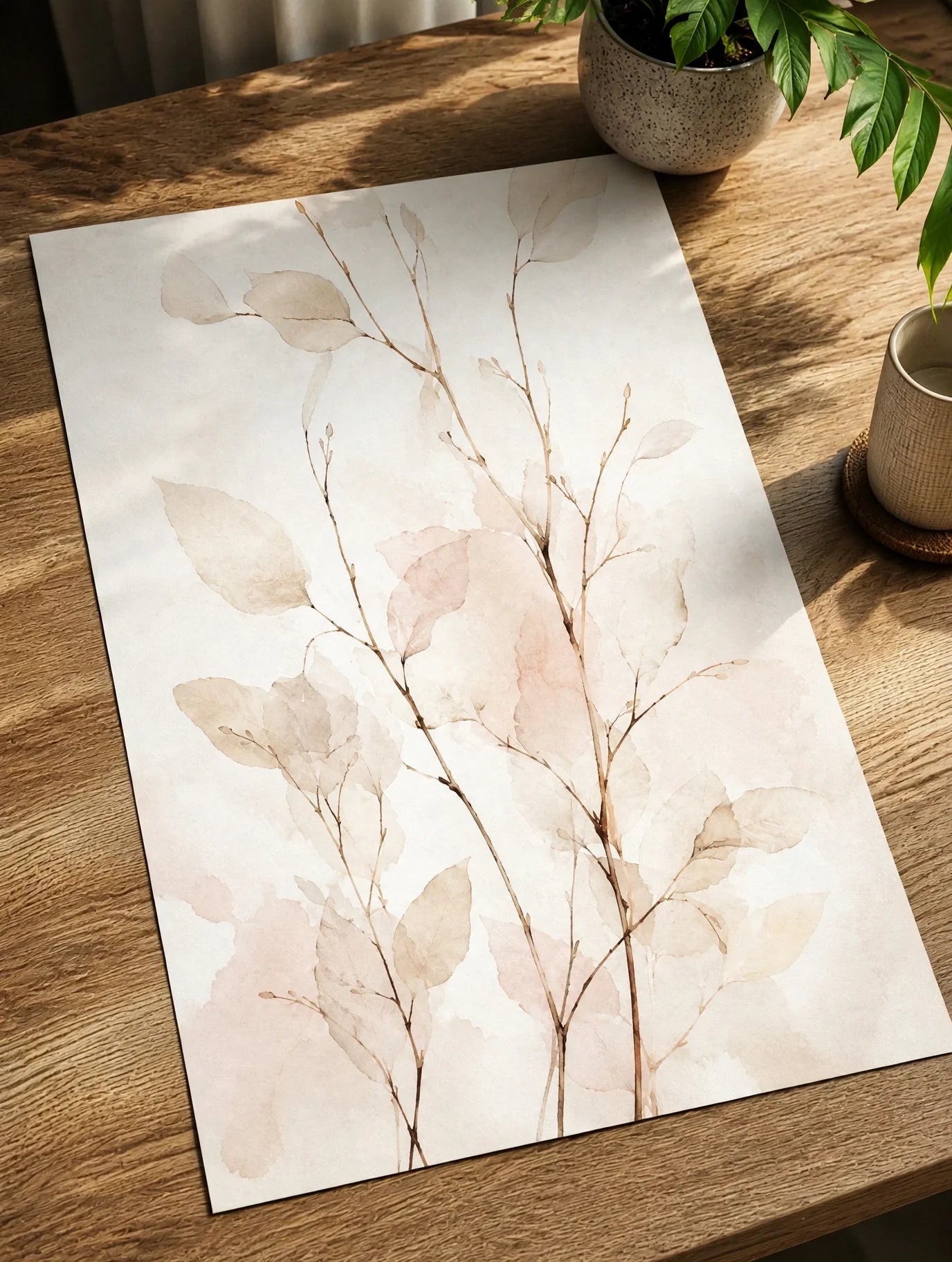 Botanical abstract wall art poster angled on table, beige and blush branch leaves