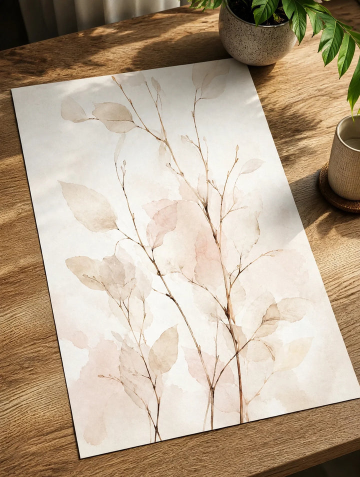Botanical abstract wall art poster angled on table, beige and blush branch leaves