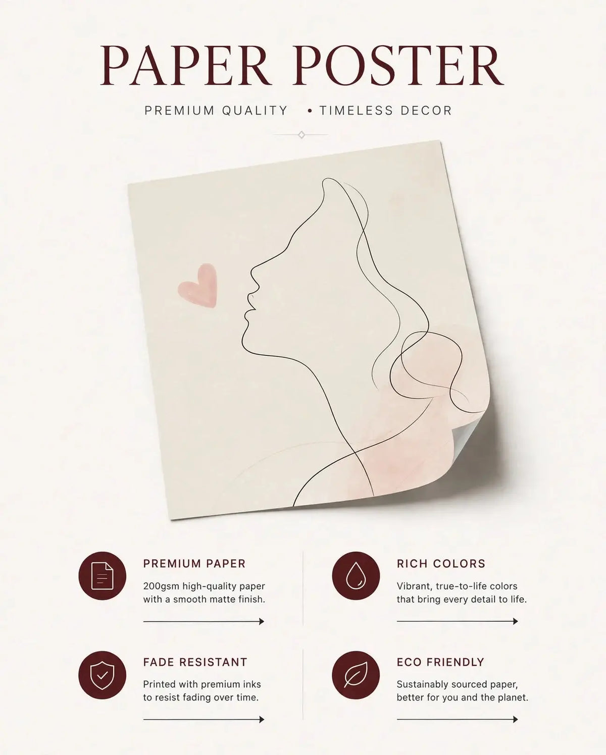 Paper poster with abstract blush line art face profile and small heart