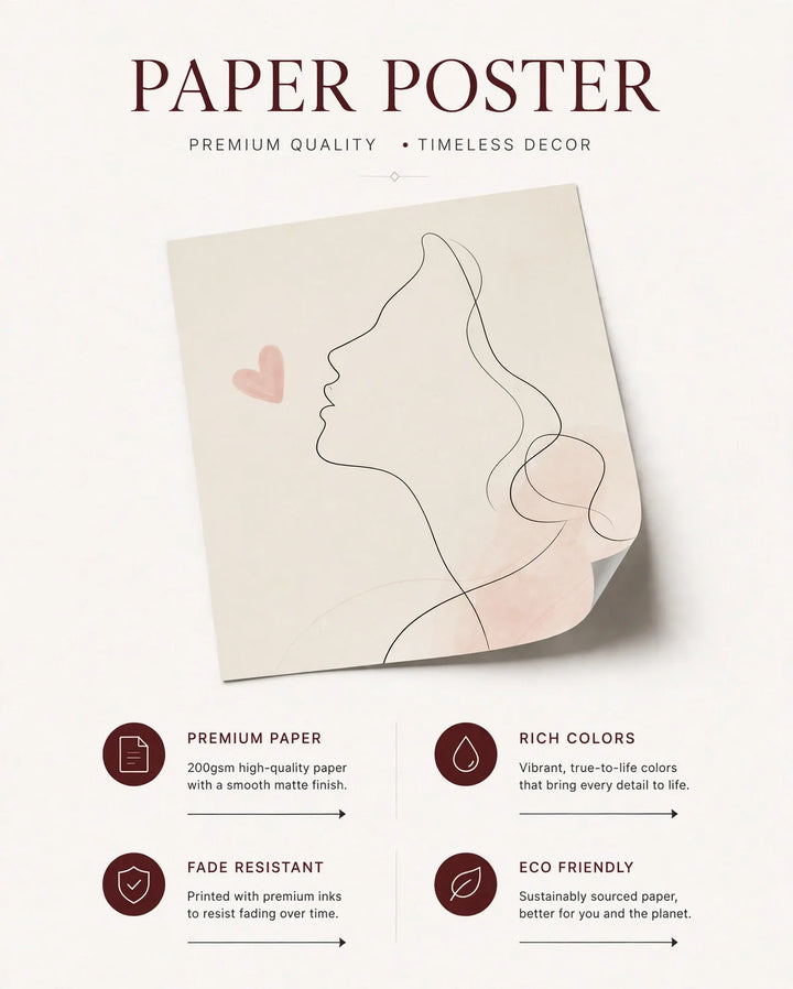 Paper poster with abstract blush line art face profile and small heart