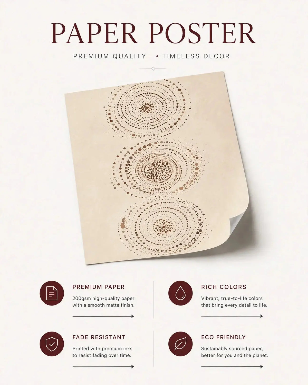 Paper poster packaging text 'PAPER POSTER' over abstract dot-circle art