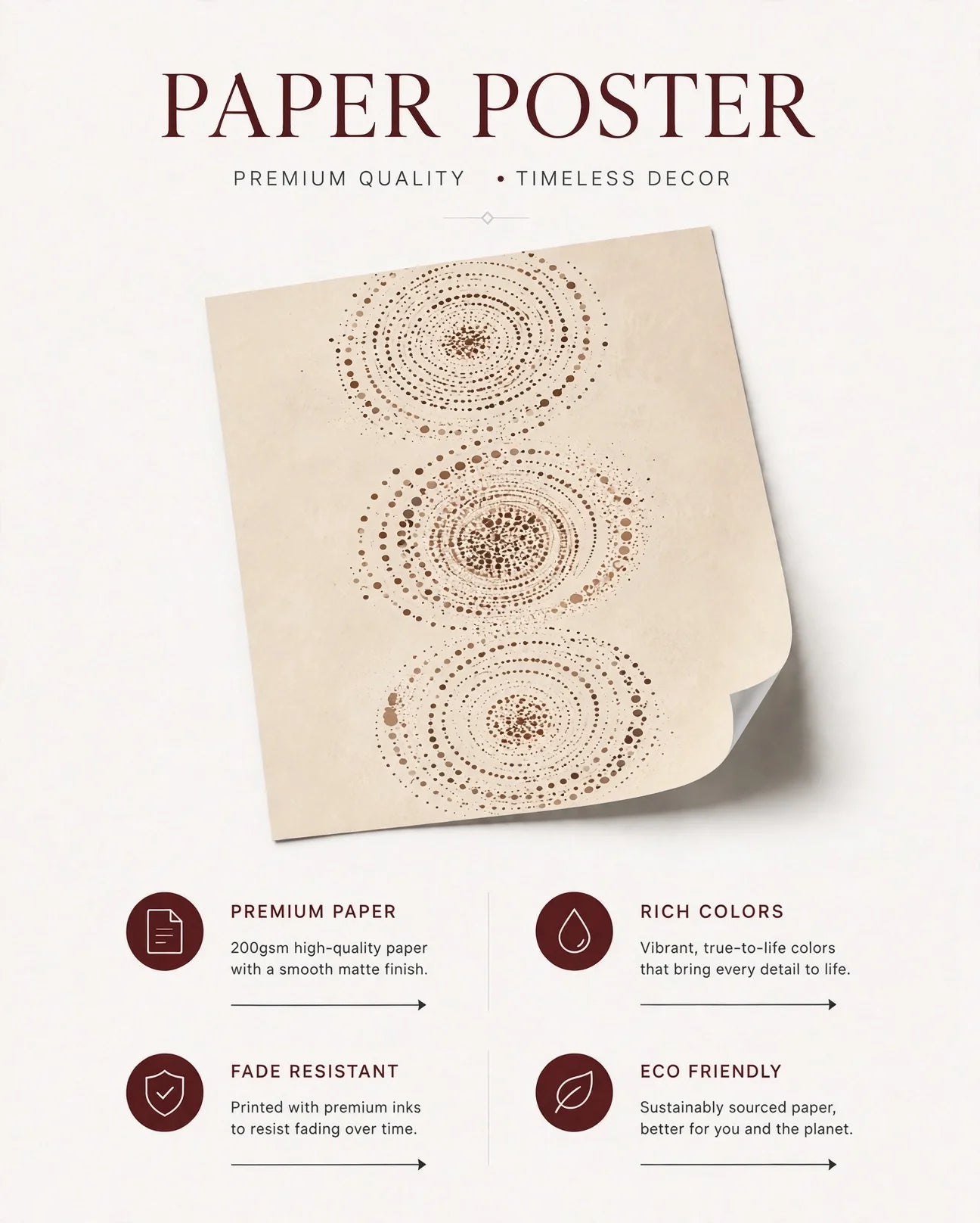Paper poster packaging text 'PAPER POSTER' over abstract dot-circle art