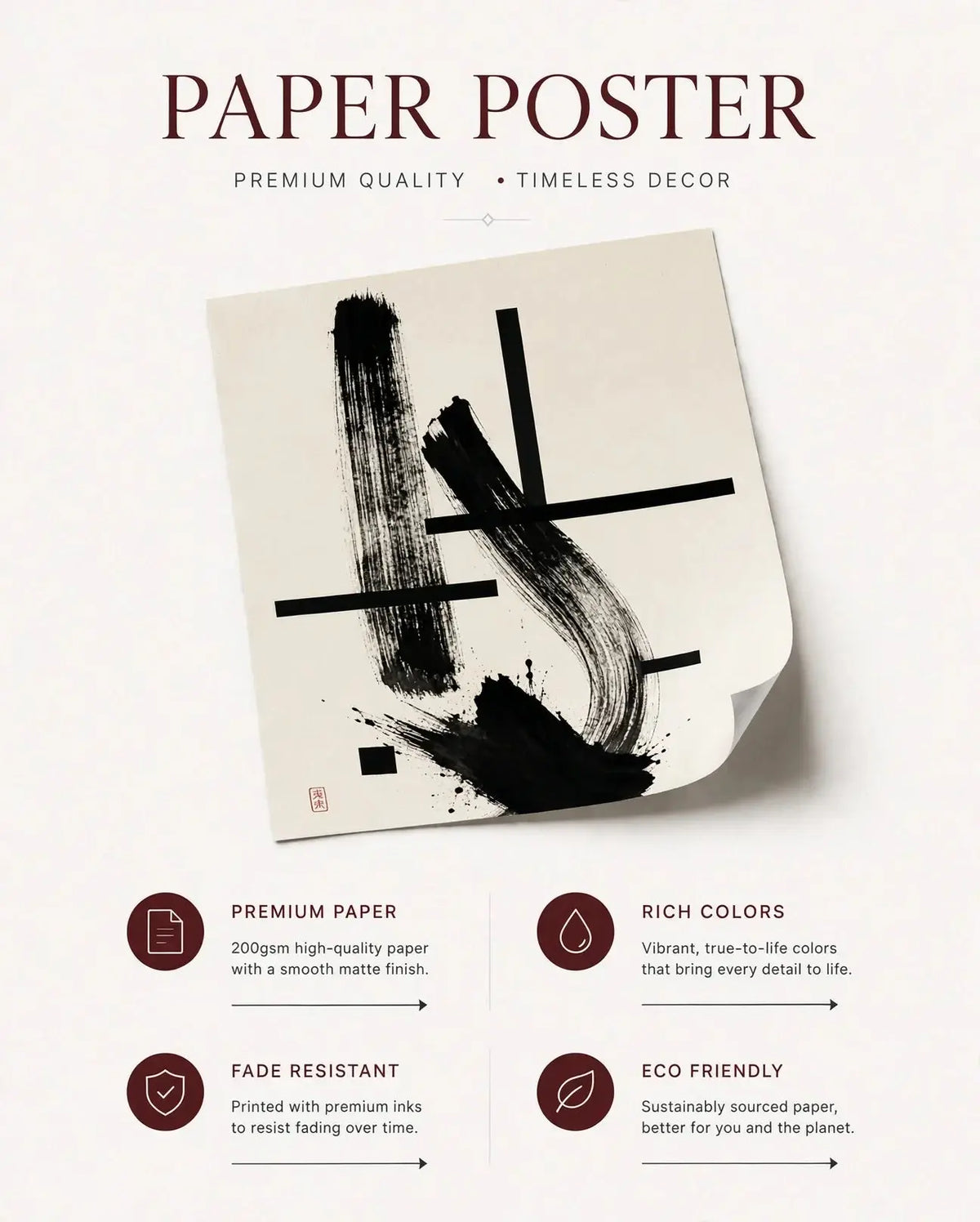 Paper poster with black abstract ink strokes and horizontal line accents