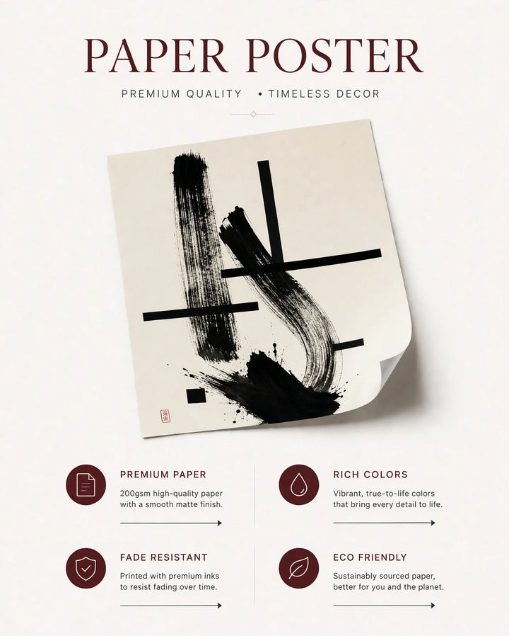 Paper poster with black abstract ink strokes and horizontal line accents