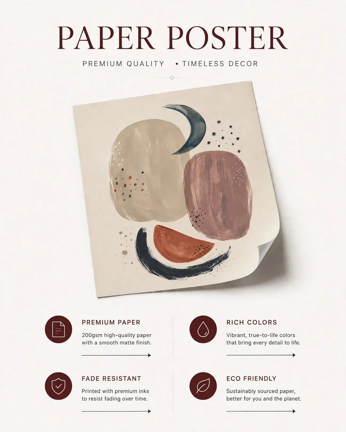 Paper poster packaging showing abstract lunar wall art with text and feature icons.
