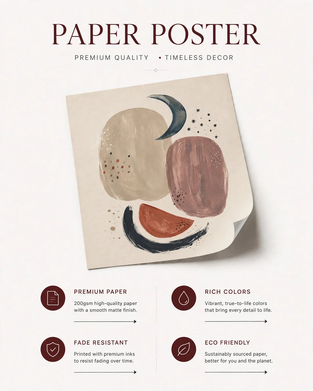Paper poster packaging showing abstract lunar wall art with text and feature icons.