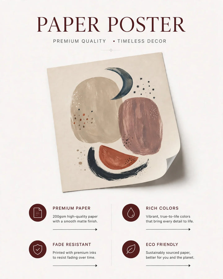 Paper poster packaging showing abstract lunar wall art with text and feature icons.