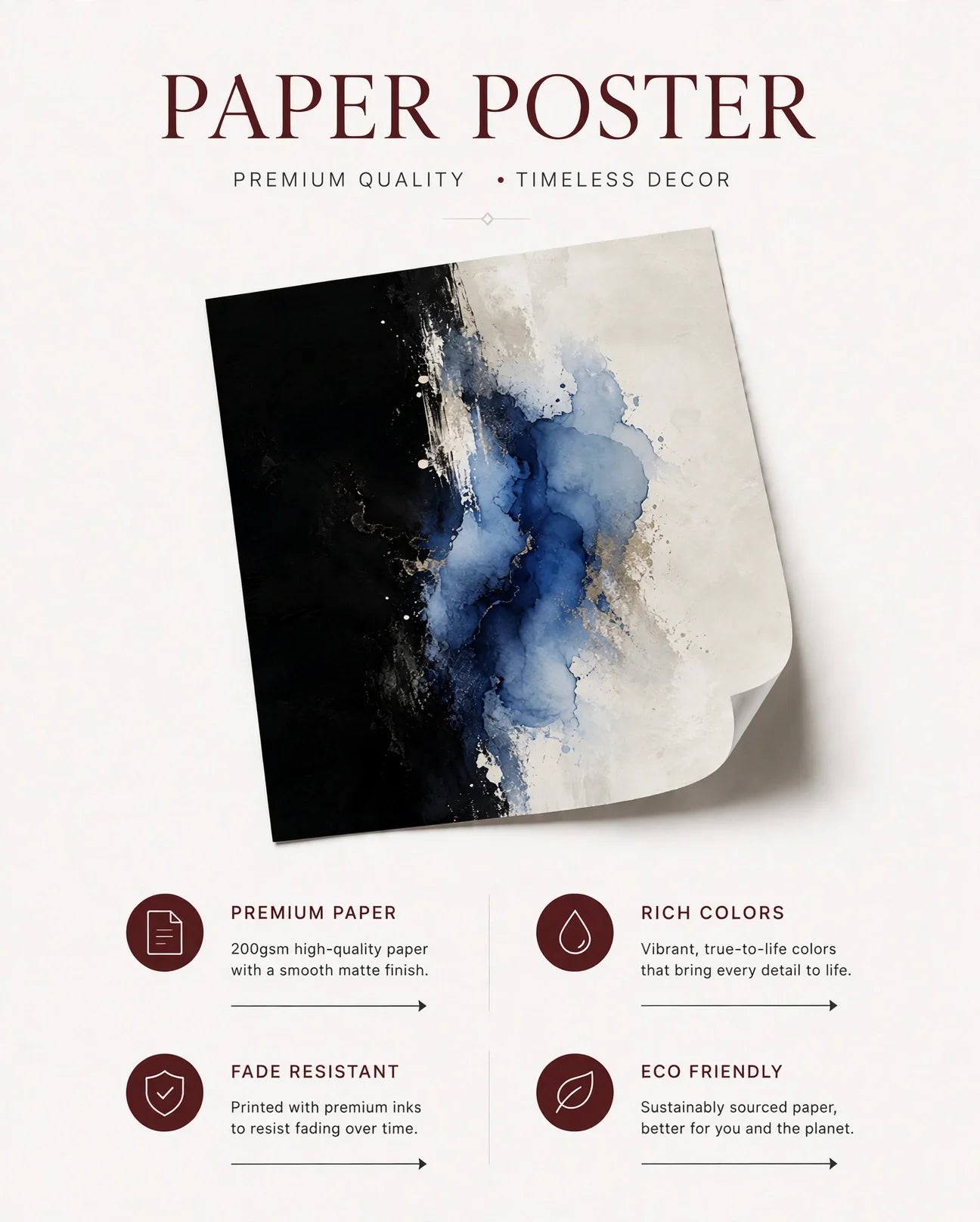 Abstract paper poster print with blue watercolor strokes and a black-to-white abstract wash