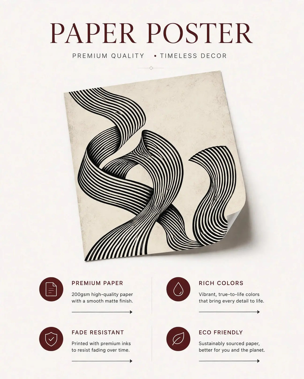Monochrome paper poster with black wavy stripe abstract design and headline text