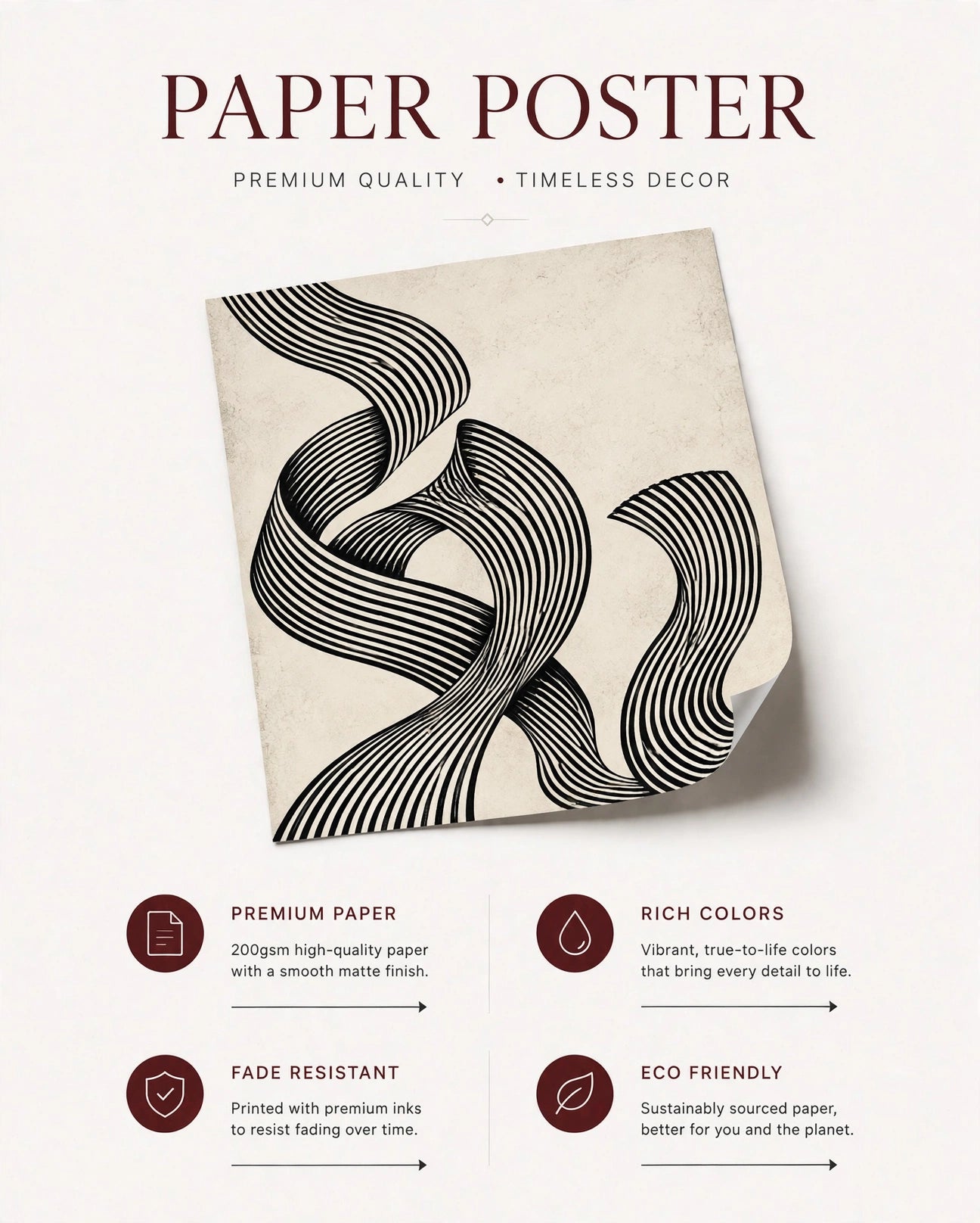 Monochrome paper poster with black wavy stripe abstract design and headline text