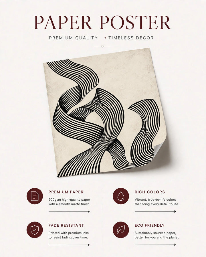 Monochrome paper poster with black wavy stripe abstract design and headline text